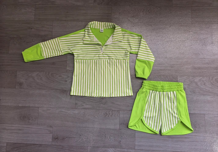 Baby Girls Green Stripe Zip Pullovers Shorts Yoga Active Clothes Sets Preorder GLS0109