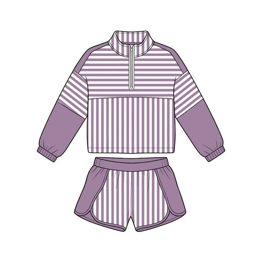 Preorder Baby Girls Purple Stripe Zip Pullovers Shorts Yoga Active Clothes Sets GLS0110