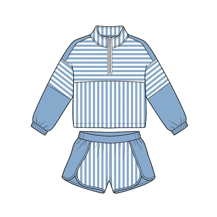 Preorder Baby Girls Hot Blue Stripe Zip Pullovers Shorts Yoga Active Clothes Sets GLS0111