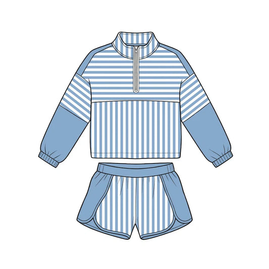 Preorder Baby Girls Hot Blue Stripe Zip Pullovers Shorts Yoga Active Clothes Sets GLS0111