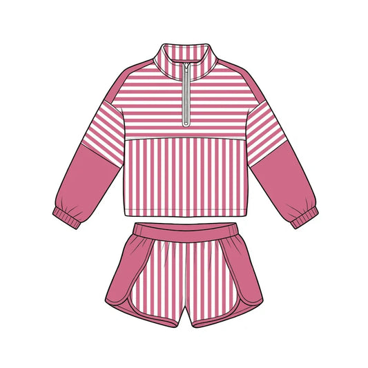Preorder Baby Girls Hot Pink Stripe Zip Pullovers Shorts Yoga Active Clothes Sets GLS0112