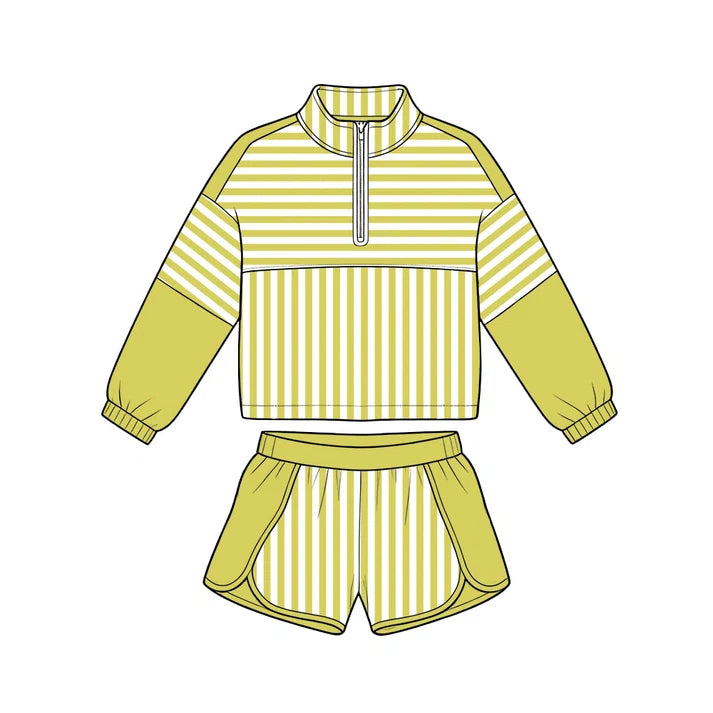 Preorder Baby Girls Light Green Stripe Zip Pullovers Shorts Yoga Active Clothes Sets GLS0113