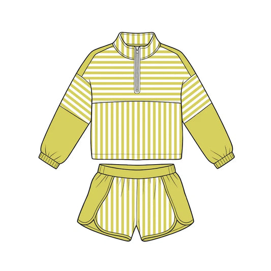 Preorder Baby Girls Light Green Stripe Zip Pullovers Shorts Yoga Active Clothes Sets GLS0113