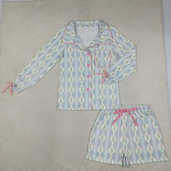 Sibling Adult Women Long Sleeve Trees Bows Button Pockets Short Christmas Halloween Pajamas Sets