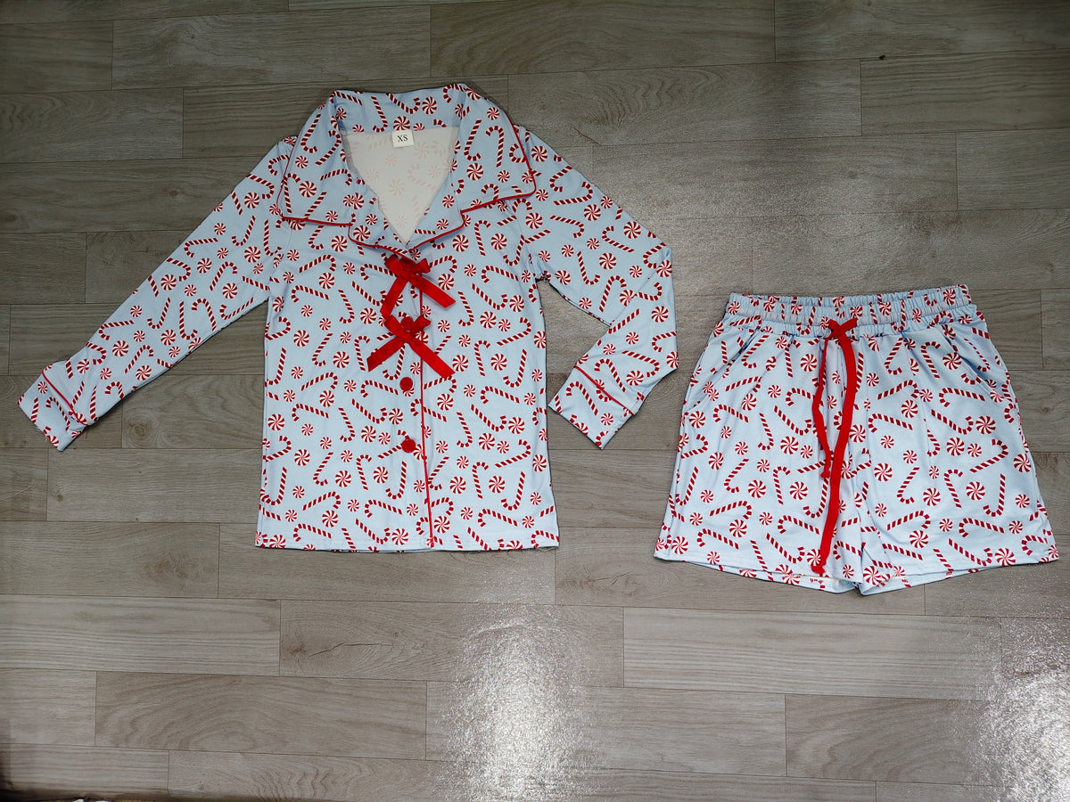 Adult Women Candy Cane Button Pocket Top Shorts Christmas Pajamas Sets Preorder GLS0116