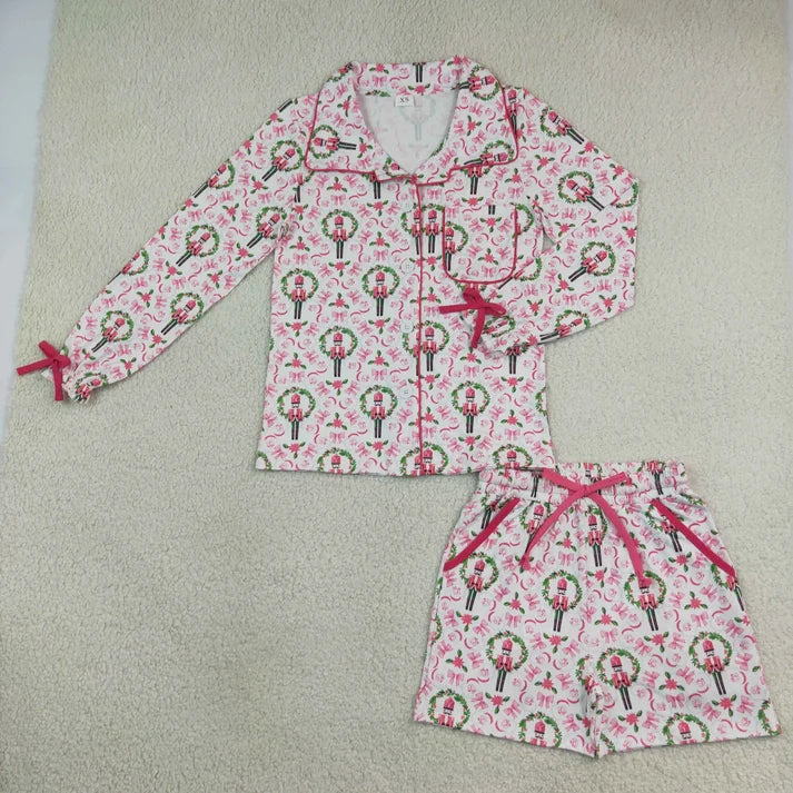 Sibling Adult Women Long Sleeve Trees Bows Button Pockets Short Christmas Halloween Pajamas Sets