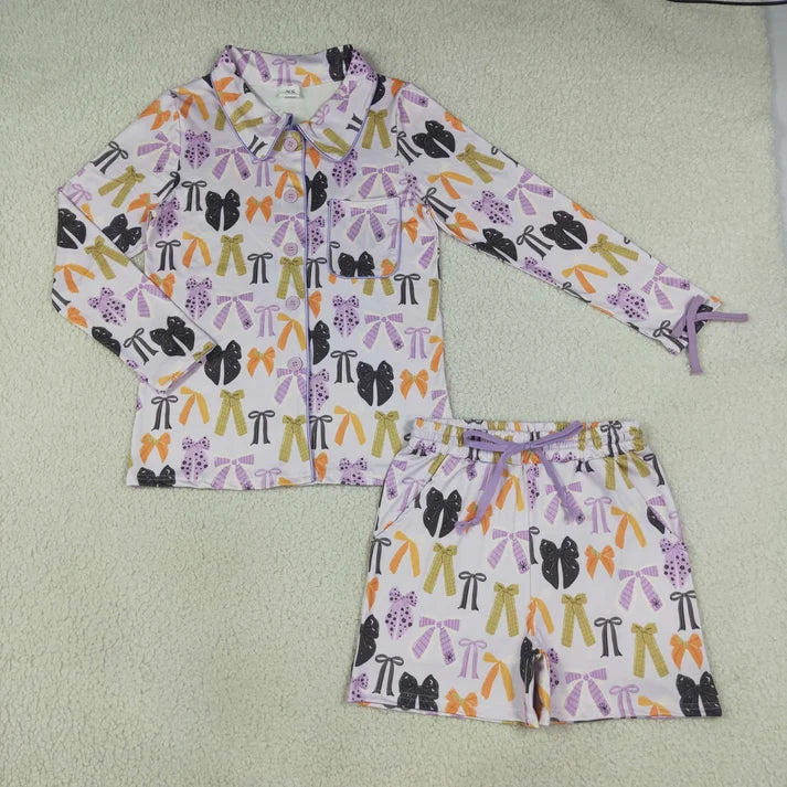 Sibling Adult Women Long Sleeve Trees Bows Button Pockets Short Christmas Halloween Pajamas Sets