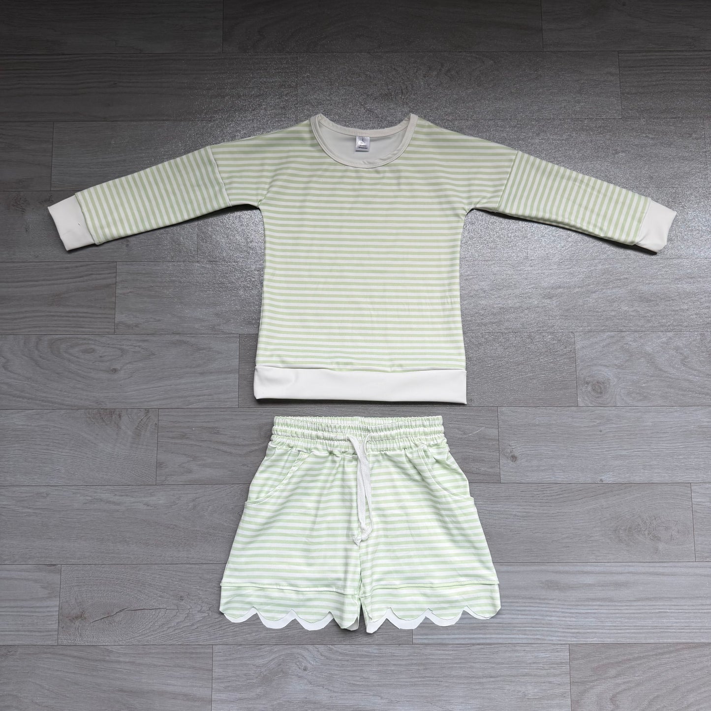 Baby Girls Clothes Green Stripe Shirt Top Scallop Short Yoga Active Clothes Set Preorder GLS0154