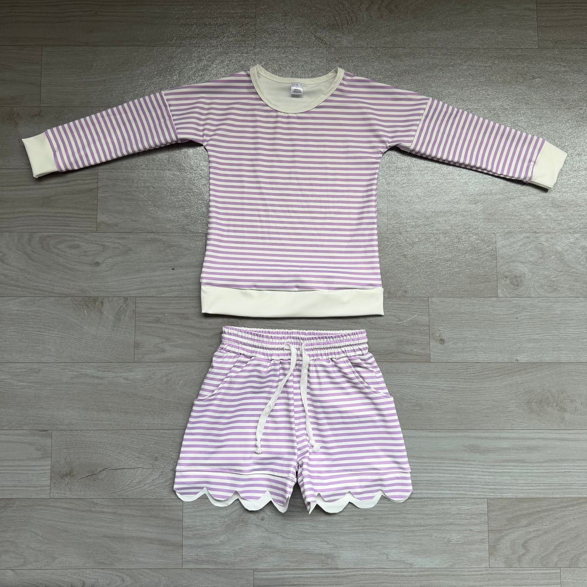 Baby Girls Clothes Purple Stripe Shirt Top Scallop Short Yoga Active Clothes Set Preorder GLS0155