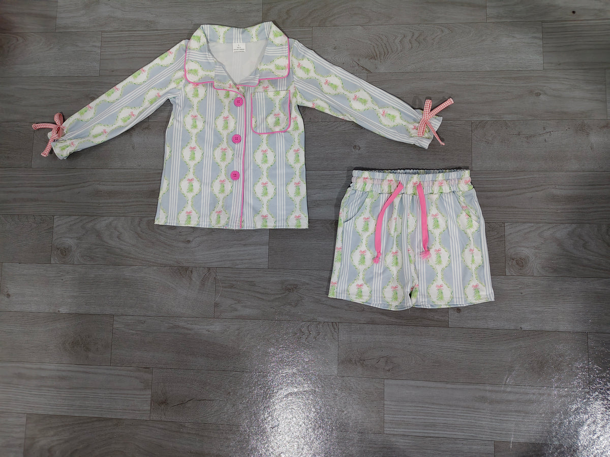 Baby Girls Clothes Blue Bows Trees Button Pocket Top Short Christmas Pajamas Sets Preorder GLS0170