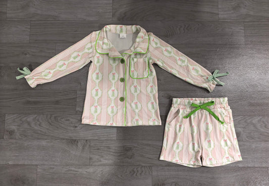 Baby Girls Clothes Pink Bows Trees Button Pocket Top Short Christmas Pajamas Sets Preorder GLS0171