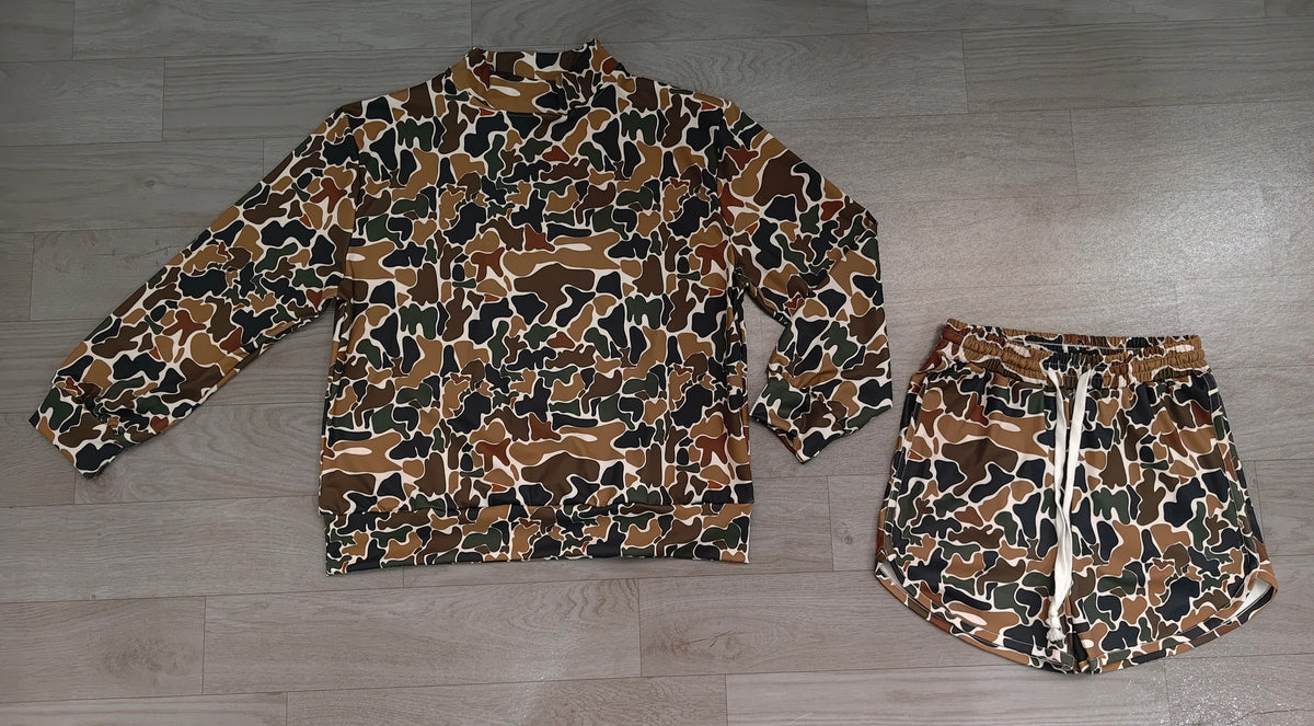 Adult Women Dark Brown Camo Long Sleeve Top Pockets Shorts Yoga Active Clothes Set Preorder GLS0185
