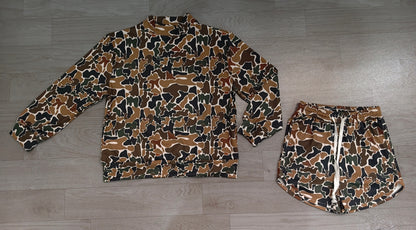 Adult Women Dark Brown Camo Long Sleeve Top Pockets Shorts Yoga Active Clothes Set Preorder GLS0185