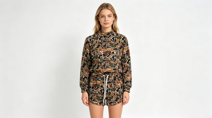 Adult Women Dark Brown Camo Long Sleeve Top Pockets Shorts Yoga Active Clothes Set Preorder GLS0185