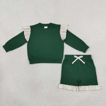 Sibling Baby Girls Long Flutter Sleeves Shirts Top Pockets Ruffle Shorts Pants Clothes Sets