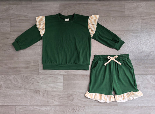 Baby Girls Green Stripe Flutter Sleeve Top Pockets Ruffle Short Clothes Set Preorder GLS0218