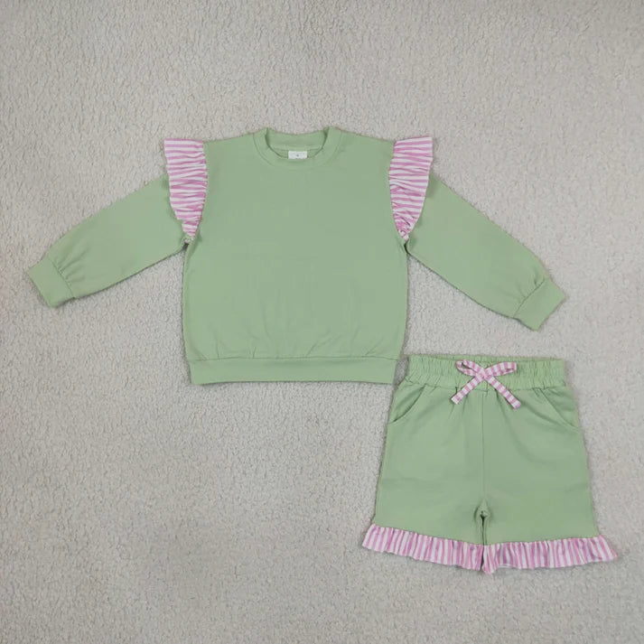 Sibling Baby Girls Long Flutter Sleeves Shirts Top Pockets Ruffle Shorts Pants Clothes Sets