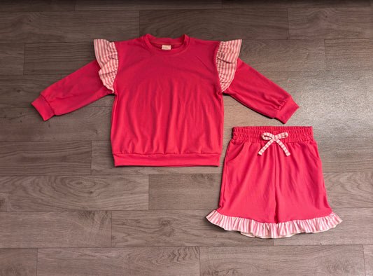 Baby Girls Watermelon Red Stripe Flutter Sleeve Top Pockets Ruffle Short Clothes Set Preorder GLS0221