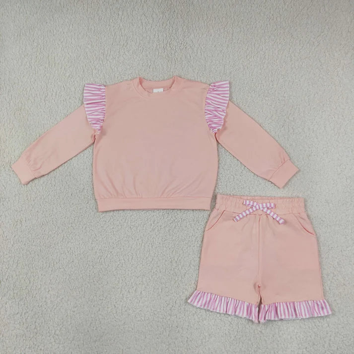 Sibling Baby Girls Long Flutter Sleeves Shirts Top Pockets Ruffle Shorts Pants Clothes Sets