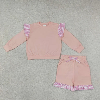 Sibling Baby Girls Long Flutter Sleeves Shirts Top Pockets Ruffle Shorts Pants Clothes Sets