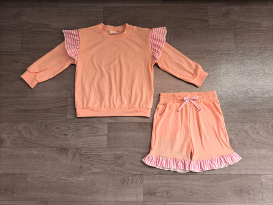 Baby Girls Light Pink Stripe Flutter Sleeve Top Pockets Ruffle Short Clothes Set Preorder GLS0222