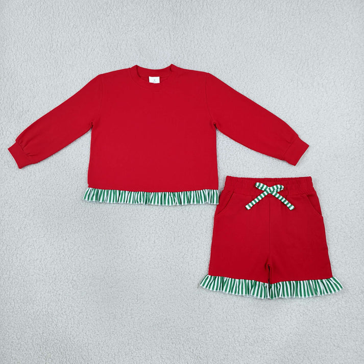 Sibling Baby Girls Long Sleeve Red Green Stripe Top Pockets Short Pant Clothes Sets