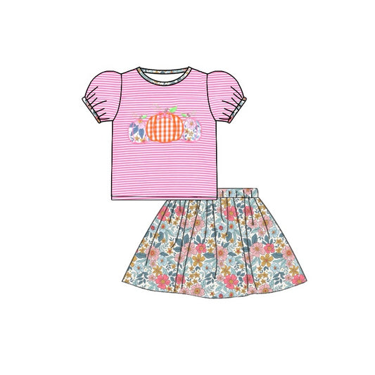 Baby Girls Clothes Pink Stripes Pumpkin Top Floral Skirt Sets Preorder GSD1419