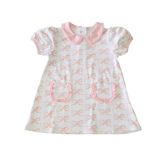 Baby Girls Dress Pink Short Ruffle Sleeves Bows Pockets Dress Preorder GSD2167 3.3