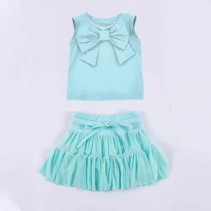 Baby Girls Clothes Blue Sleeveless Bow Top Vest Patchwork Skirt Set Preorder GSD2194 3.5
