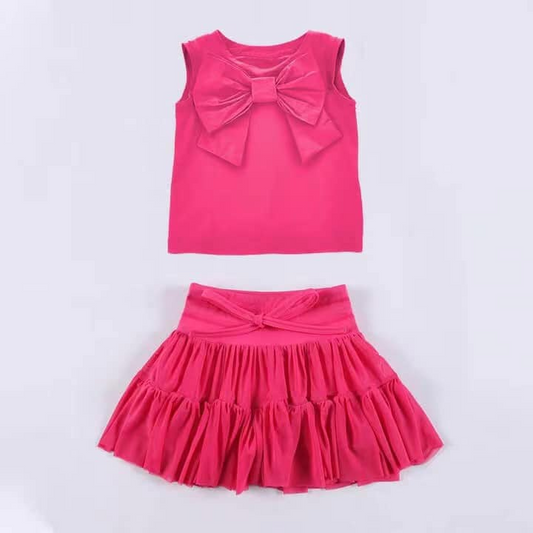 Baby Girls Clothes Hot Pink Sleeveless Bow Top Vest Patchwork Skirt Set Preorder GSD2195 3.5