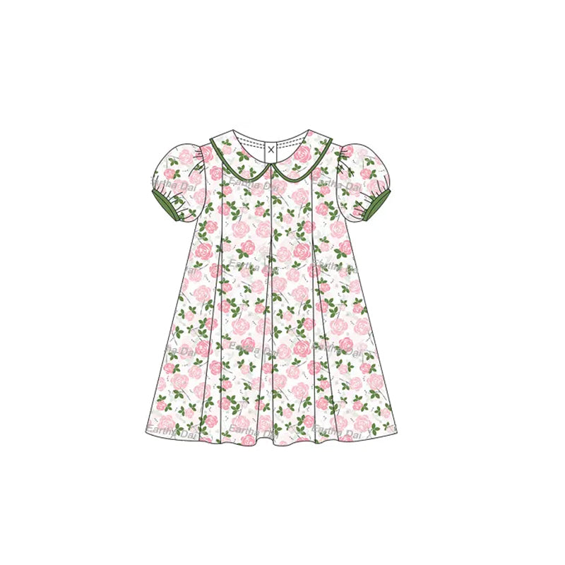 Baby Girls Dress Green Short Ruffle Sleeves Pink Floral Knee Length Dresses Preorder GSD2210 3.6