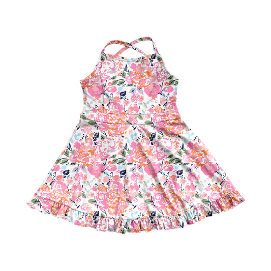 Baby Girls Dress Peach Strap Watercolor Floral Yoga Ruffle Knee Length Dresses Preorder GSD2286 3.15