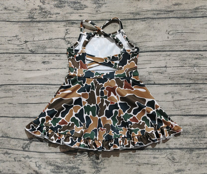 Baby Girls Dress Strap Dark Brown Camo Yoga Ruffle Knee Length Dresses Preorder GSD2309