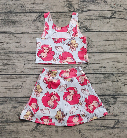 Baby Girls Sports Clothes Sleeveless Cartoon Mermaid Fishes Top Skort Yoga Sets Preorder GSD2354 3.26