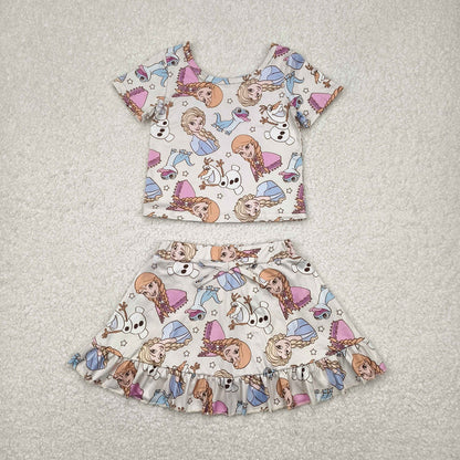 Sibling Baby Girls Short Sleeve Cartoon Princesses Top Ruffle Skirt Short Clothes Sets