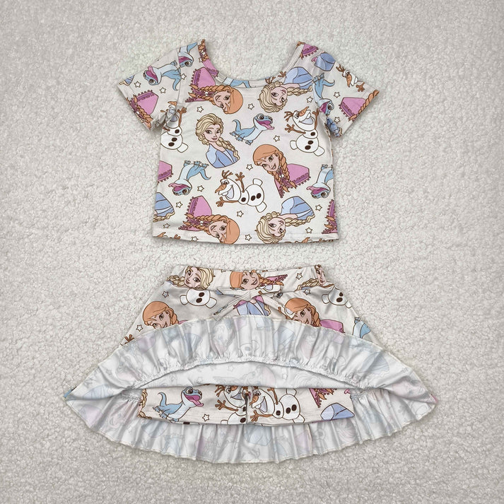 Sibling Baby Girls Short Sleeve Cartoon Princesses Top Ruffle Skirt Short Clothes Sets