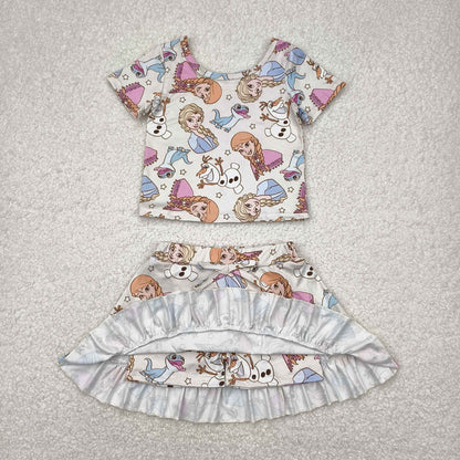 Sibling Baby Girls Short Sleeve Cartoon Princesses Top Ruffle Skirt Short Clothes Sets