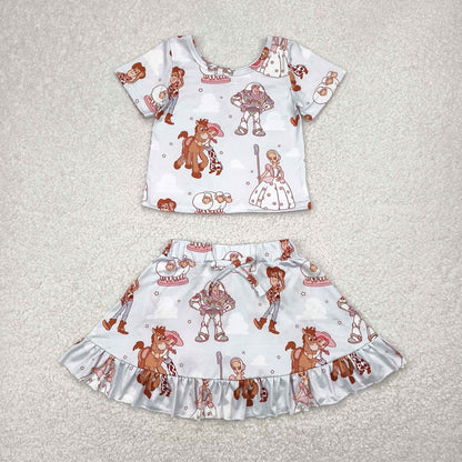 Sibling Baby Girls Short Sleeve Cartoon Princesses Top Ruffle Skirt Short Clothes Sets