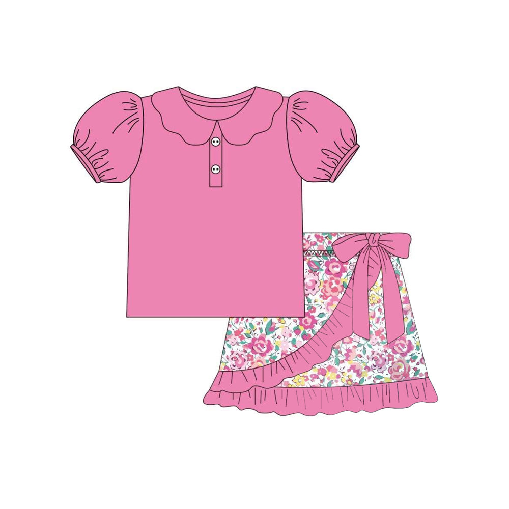 Baby Girls Clothes Pink Short Sleeves Button Tunic Floral Ruffle Short Set Preorder GSD2384 3.22