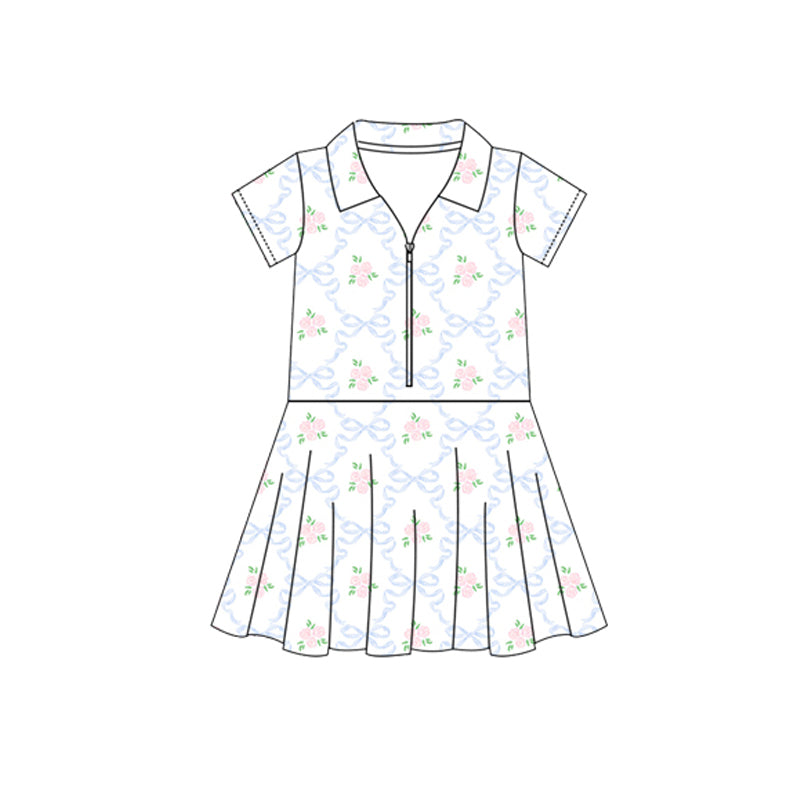 Baby Girls Clothes Short Sleeves Blue Bows Flowers Zipper Knee Length Dresses Preorder GSD2412 3.28