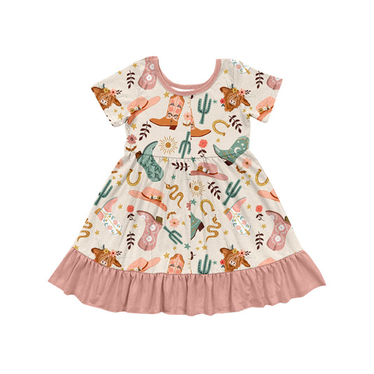 Baby Girls Dress Peach Short Sleeves Highland Cows Boots Knee Length Dresses Preorder GSD2453 4.4