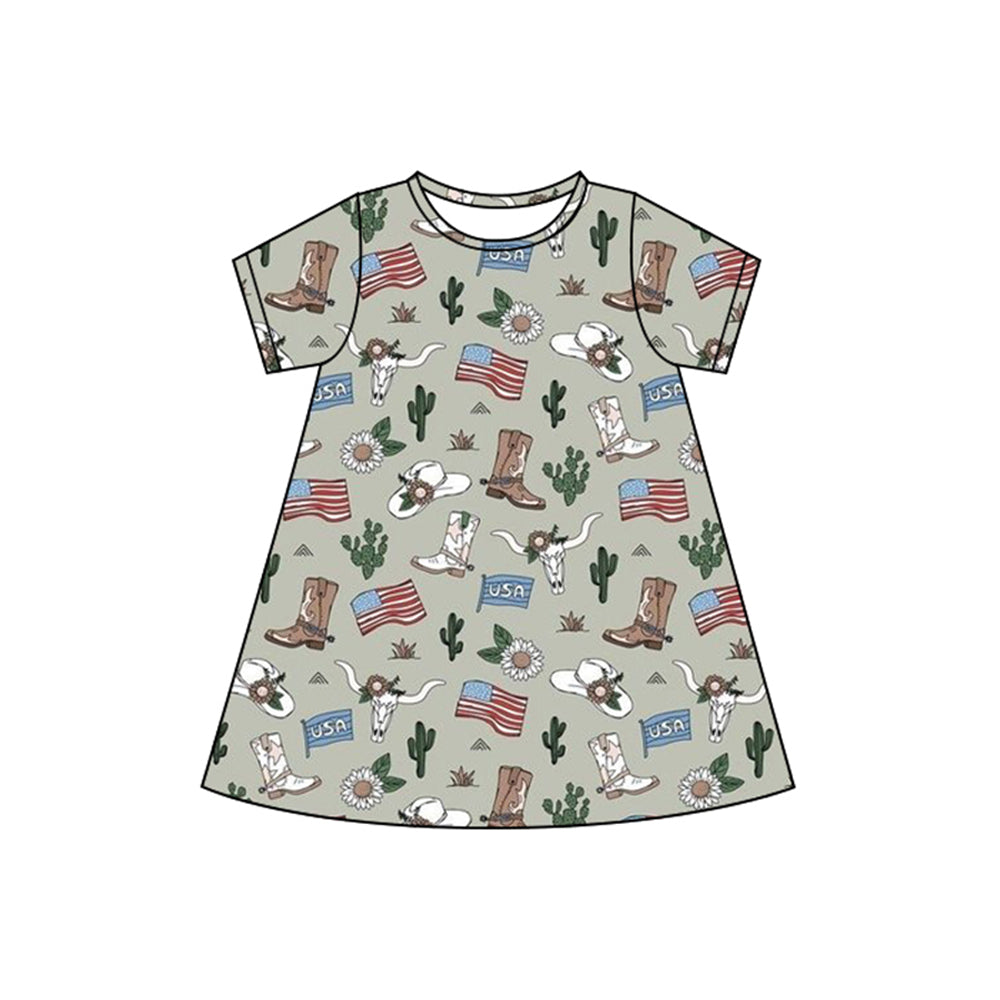 Baby Girls Dress Gray Short Sleeves Flags Bull Skull 4th Of July Knee Length Dresses Preorder GSD2499 4.8