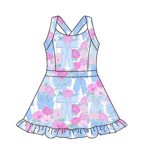 Baby Girls Dress Strap Blue Bows Flowers Activity Wear Yoga Knee Length Dresses Preorder GSD2570 5.2