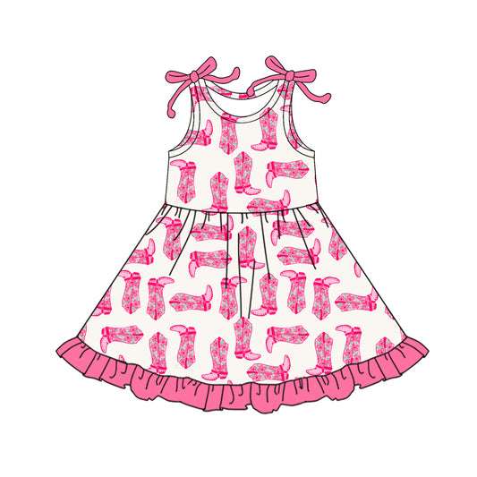 Baby Girls Dress Pink Bow Sleeveless Boots Plaid Ruffle Knee Length Dresses Preorder GSD2643 5.30
