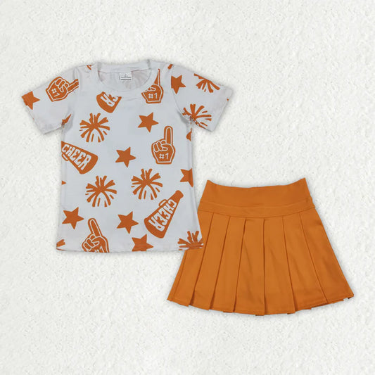 Baby Girls Clothes Short Sleeves Orange Cheer Team Top Yoga Skorts Sets GSD2732 8.16