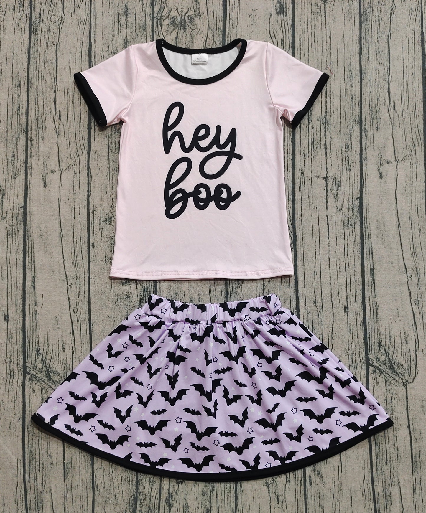 Baby Girls Clothes Light Pink Short Sleeves Hey Boo Top Bats Plaid Skirts Set Preorder GSD2772 8.2