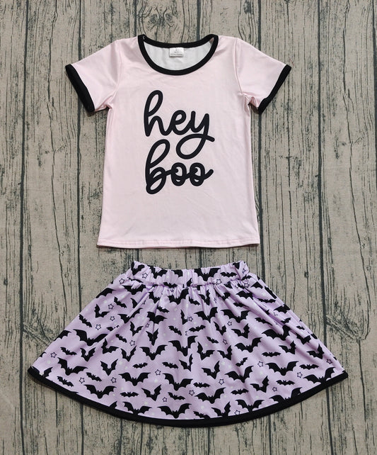 Baby Girls Clothes Light Pink Short Sleeves Hey Boo Top Bats Plaid Skirts Set Preorder GSD2772 8.2