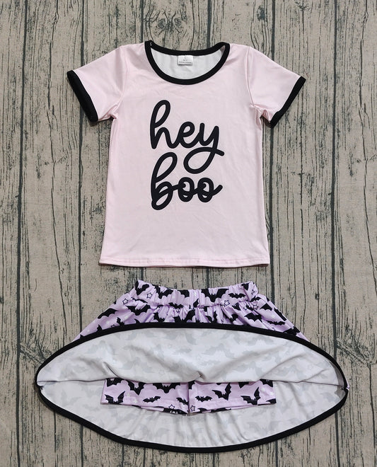Baby Girls Clothes Light Pink Short Sleeves Hey Boo Top Bats Plaid Skirts Set Preorder GSD2772 8.2