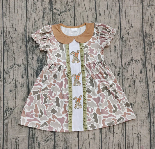 Embroidery Camo Rabbits Baby Girls Bows Easter Ruffle Knee Length Dresses Preorder 10.25