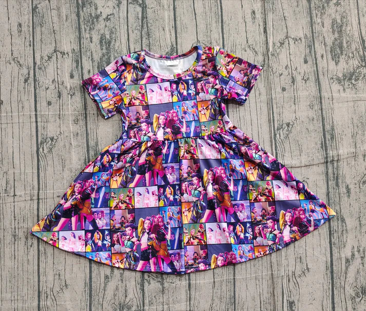 Baby Girls Short Sleeve Cartoon Girls Checked Knee Length Dresses Preorder 10.25
